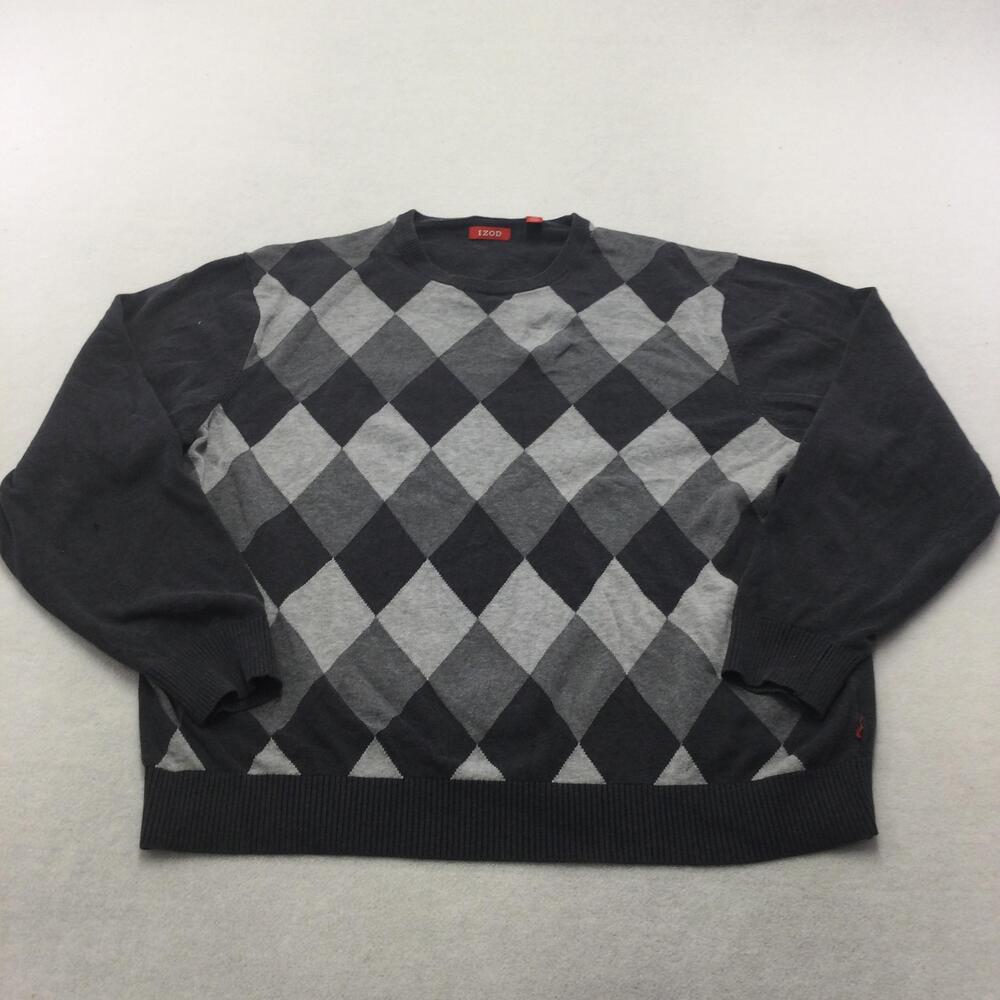 IZOD Sweater Mens XL Gray Argyle Diamond Crew Neck Pullover Knit Logo Casual